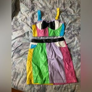 Color block multicolored two piece skirt set